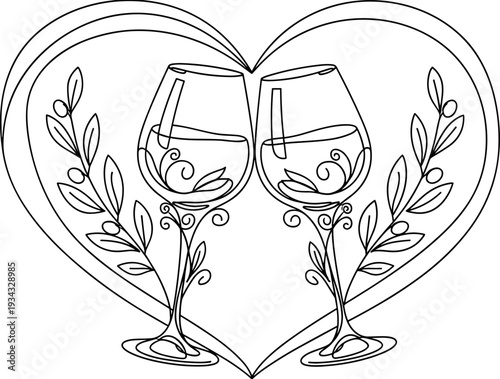 Two wine glasses clinking inside a heart shape with olive branches line art illustration for wedding anniversary and romantic celebration