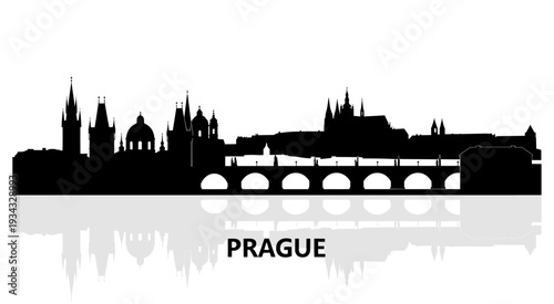 Prague city skyline silhouette featuring Charles Bridge and Prague Castle over Vltava river reflection isolated on white background for travel design