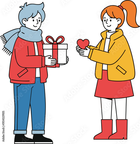 Cartoon couple exchanging gift and heart woman