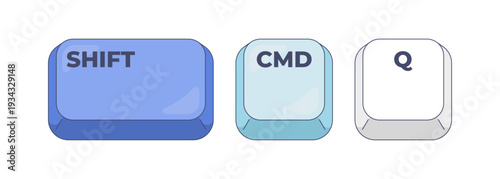 Shift CMD Q computer keyboard shortcut. Log out from account. System exit. Session management. Logout action. Hotkey combo buttons for pc and laptop. Fast software efficiency. Flat vector illustration