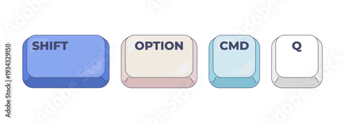 Shift Option CMD Q computer keyboard shortcut. Immediate logout. Instant log out. System exit shut down. Hotkey combo buttons for pc and laptop. Fast software efficiency. Flat vector illustration