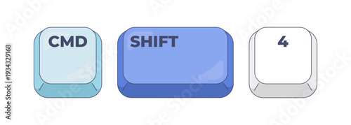 Command Shift 4 computer keyboard shortcut. Partial screenshot tool. Screen capture. Display selection. Hotkey combo buttons for pc and laptop. Fast software efficiency. Flat vector illustration