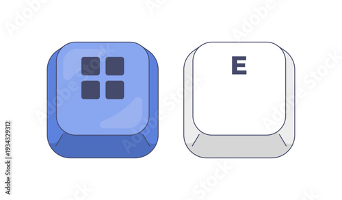 Super key E letter computer keyboard shortcut. Open folder management. File browsing. System navigation. Hotkey combo buttons for pc and laptop. Fast software efficiency. Flat vector illustration