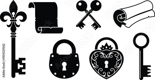 Flat black key and lock icon set close up ornate fleur lis key crossed keys heart shaped padlock vintage scroll silhouettes on white background minimal