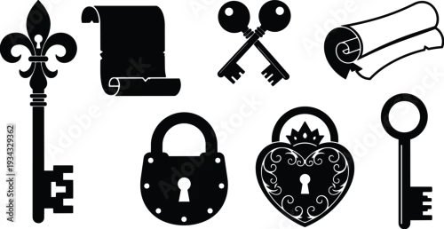 Fototapeta Flat black key and lock icon set close up ornate fleur lis key crossed keys heart shaped padlock vintage scroll silhouettes on white background minimal