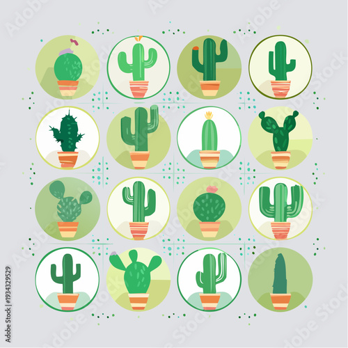 Various cactus and plant species with flower illustrations in vector format showcasing ecology and botanical diversity