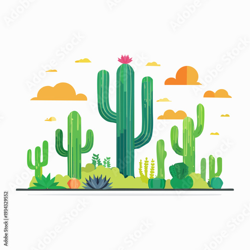 Vector illustration of diverse cactus plant species with flower in desert ecology landscape