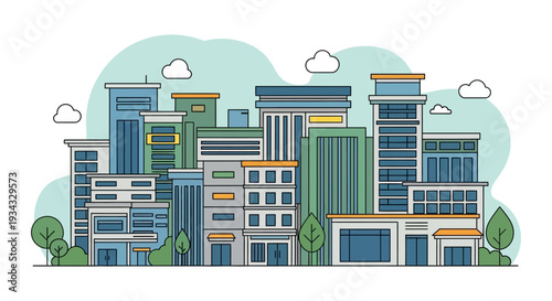 Modern City Skyline Illustration. Urban Landscape with Buildings, Trees, and Clouds in Flat Line Art Style