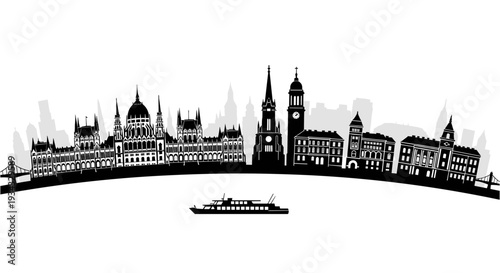 Budapest city skyline silhouette featuring Hungarian Parliament Building, historical landmarks, arched horizon, and cruise ship on Danube River, isolated vector.