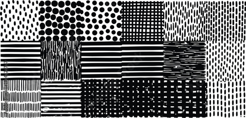 Hand drawn black and white texture collage close up rectangular composition with dots stripes grids and hatch marks on white background high contrast abstract pattern artwork