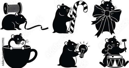 Cute black silhouette mice icons set with spool of thread candy cane large bow in cup holding light bulb and playing drum close up side view