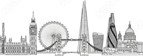 Stylized sketch of a city skyline featuring famous landmarks and modern skyscrapers