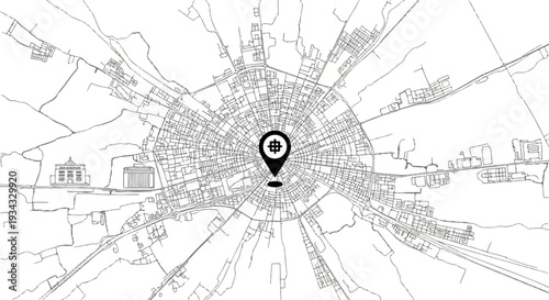 Stylized map showing a city center with radial streets and two prominent buildings