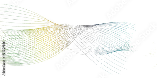 Blue motion waves curve around a goldfish in a glass to create a digital vector illustration with line art patterns and a dragonfly element on a light nature backdrop