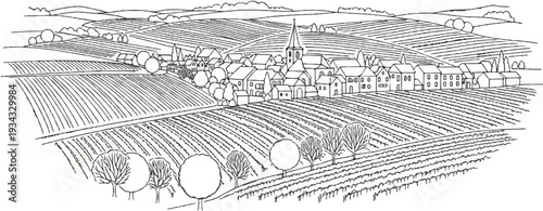 Village nestled in rolling vineyards under a hilly horizon