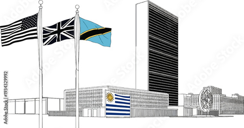 United Nations buildings with flags of nations flying high
