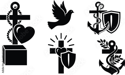 Silhouette icon set close up religious anchors and crosses with hearts shield dove and laurel wreath arranged on white background high contrast graphic vector black symbols