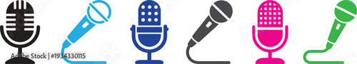 microphone and audio podcast equipment icon set. broadcasting, music, speech, and sound recording. vector illustration