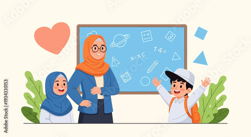 Diverse students and teacher in a classroom setting with a blackboard.