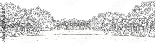 A cheerful garden scene filled with rows of blooming tulips and delicate floral bushes