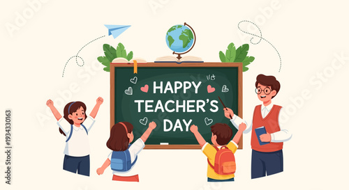 Happy Teacher's Day illustration with children and teacher around a blackboard.