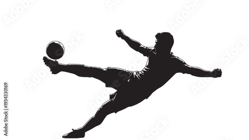 Soccer player kicking ball in dynamic silhouette with dramatic lighting for sports illustration