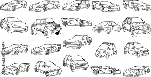 A collection of diverse vehicle outlines, from sports cars to utility vehicles