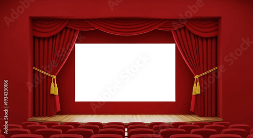 Empty theater stage with red curtains and seats.