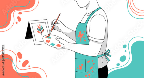 Artist Painting Floral Design on Canvas with Palette and Brush