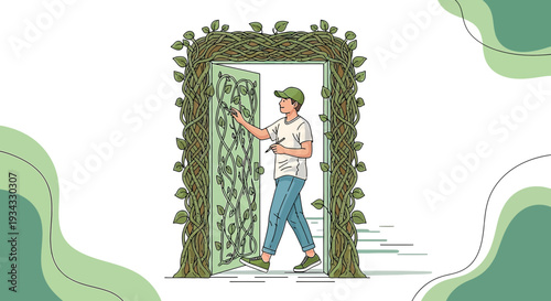 Artist painting floral pattern on vine-covered doorway, creativity and nature concept
