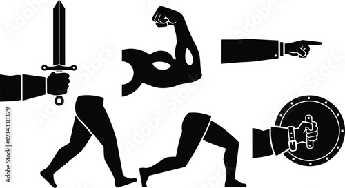 Minimal black silhouettes of armored arm holding sword pointing hand flexing bicep walking legs running legs hand gripping round shield isolated on white background dramatic contrast