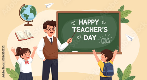 Happy Teacher's Day illustration with teacher and students.