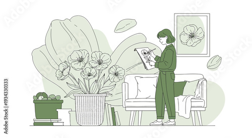 Artist painting flowers at home, creative hobby, cozy interior with plants