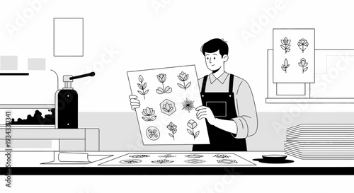 Artist holding floral design sheet, graphic design inspiration, creative studio