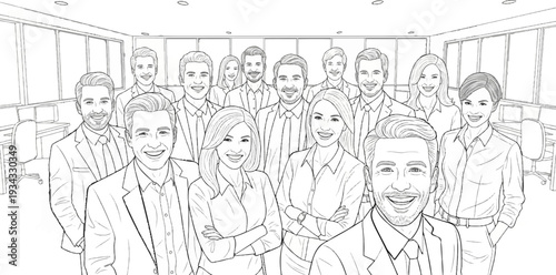 A diverse group of smiling professionals pose in a modern office setting