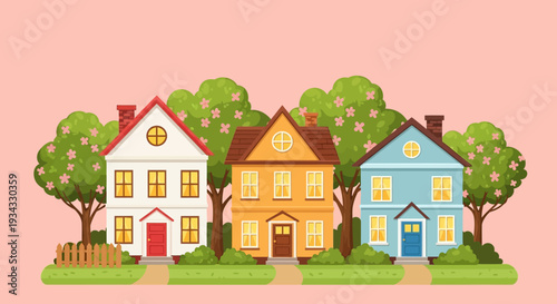 Three colorful houses with trees in a suburban neighborhood.
