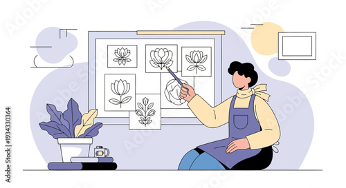 Artist Illustrating Botanical Drawings on Whiteboard, Floral Art Workshop