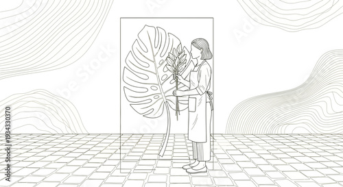 Artist Illustrates Giant Monstera Leaf in Minimalist Studio