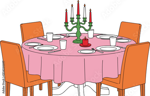 Pink tablecloth dinner table with orange chairs and green candelabra red candles
