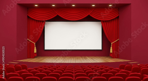 Empty cinema hall with red seats and curtains on stage.
