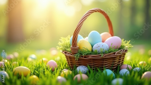 easter basket filled with painted eggs on green grass spring outdoor festive scene concept of greeting cards, retail marketing, seasonal promotion