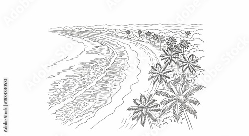A serene coastal scene unfolds with gentle waves meeting a sandy shore and lush palm trees