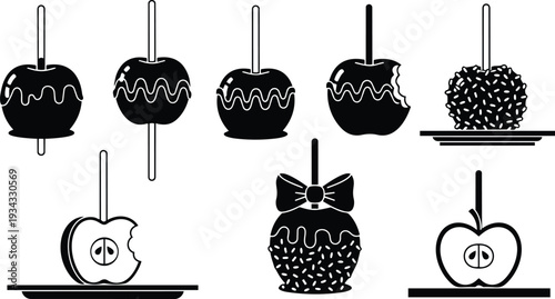 Vintage candy apple icons close up variety of skewered apples with chocolate drizzle sprinkles bow and bitten views in flat silhouette black white vector plates angles