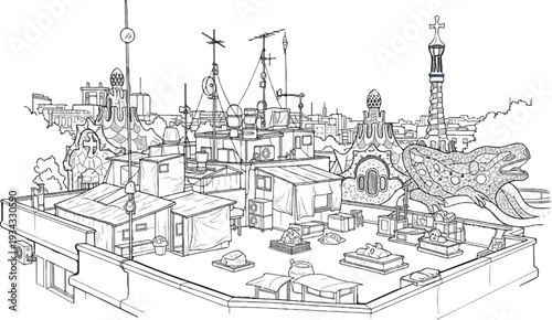 A whimsical rooftop scene with mosaic dragon and intricate, fantastical structures