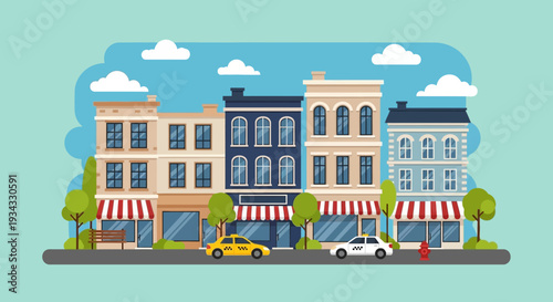 Colorful illustration of a vibrant city street with shops and cars.