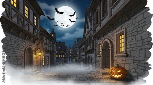 A spooky Halloween night in a misty, old-town street