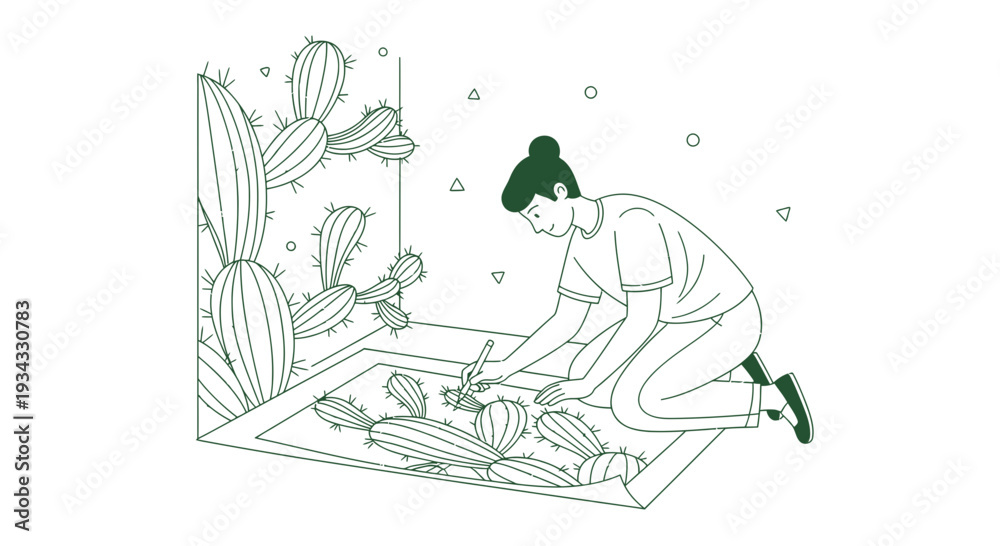 Obraz premium Artist Painting Cactus Illustrations on Paper, Creative Hobby