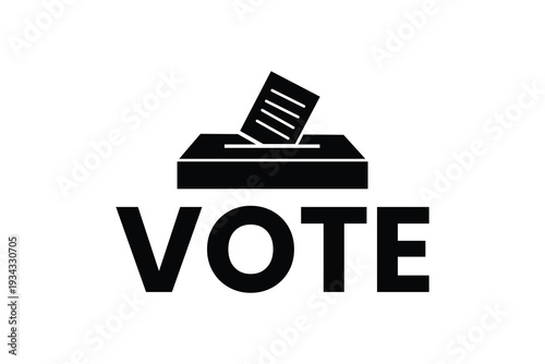 A black and white graphic of a ballot box with a paper vote inside and the word vote underneath Vector