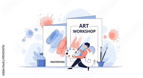 Artist painting at art workshop, inspiration, creative process, invitation design