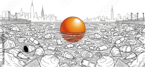 An orange sphere floats serenely in polluted water with a city skyline
